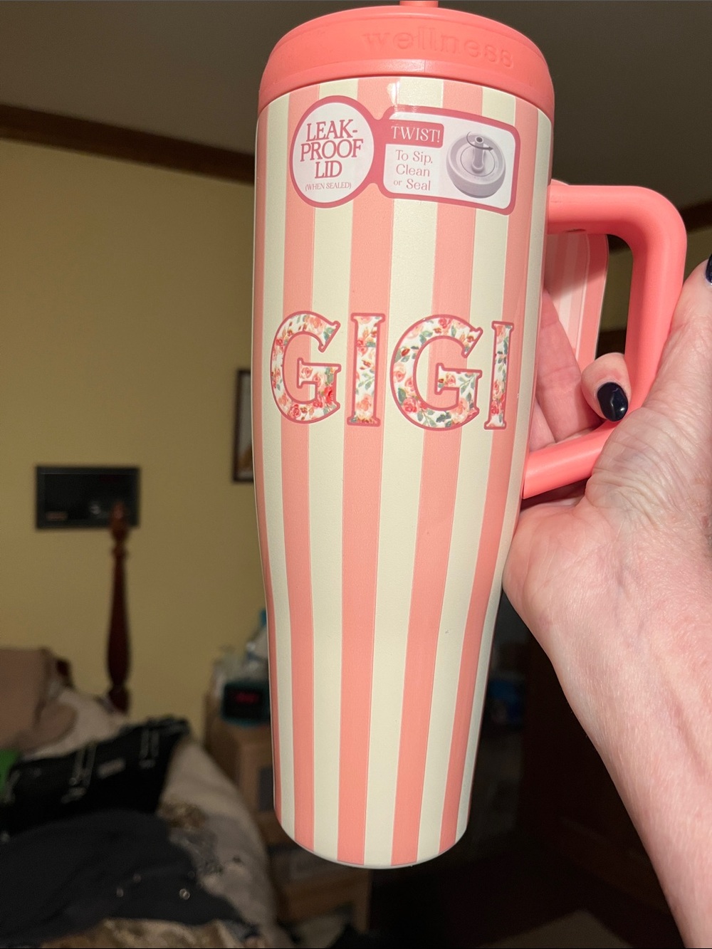 NWT 40oz Ethos ‘GIGI' Pink Stripe Travel Tumbler stainless steel screw top